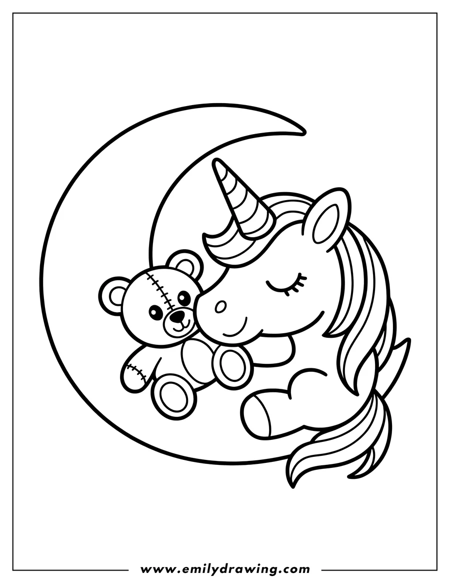 Outline of a unicorn sleeping on the crescent moon, cuddling a teddy bear.