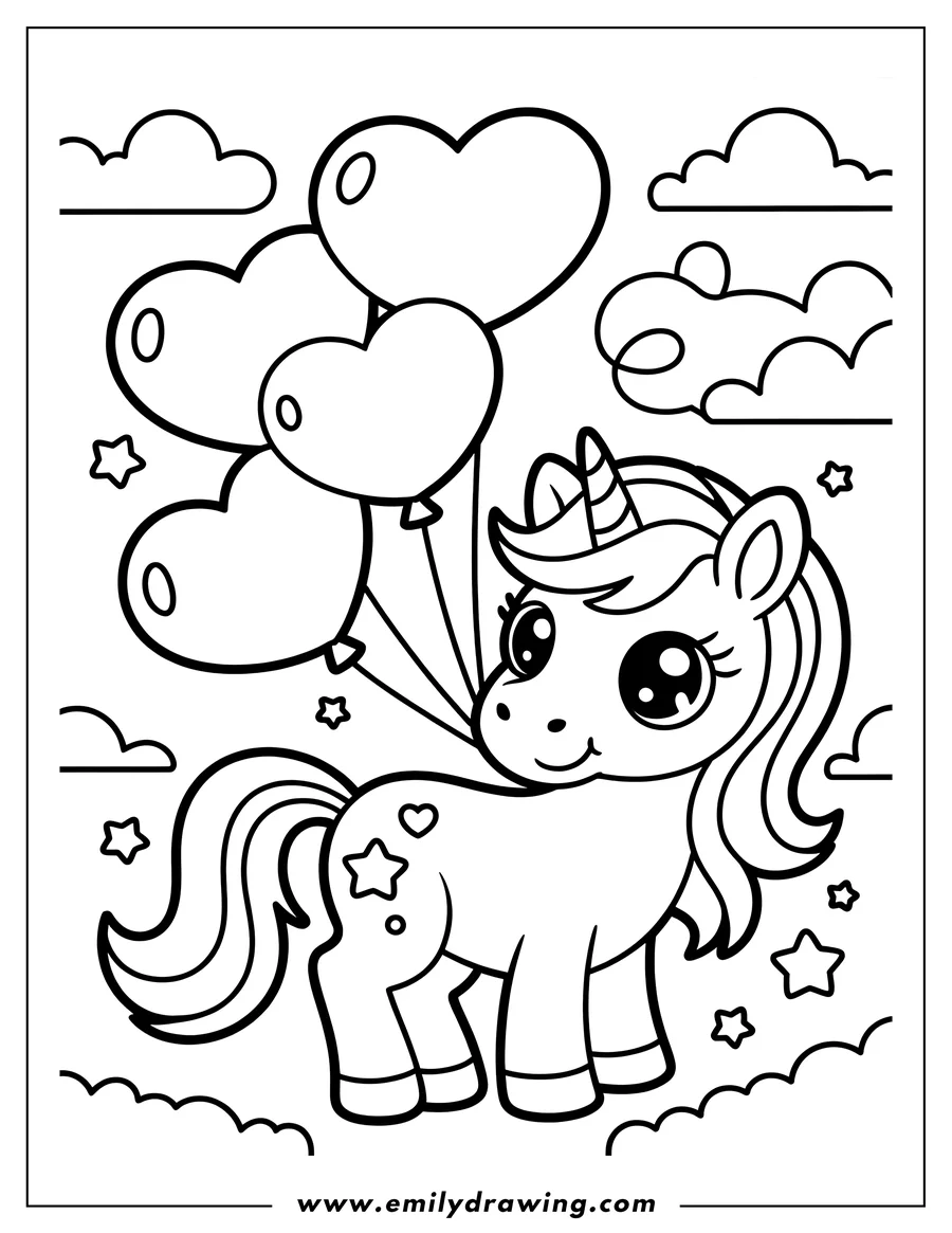 Line art of a unicorn holding three heart-shaped balloons, surrounded by clouds and stars.