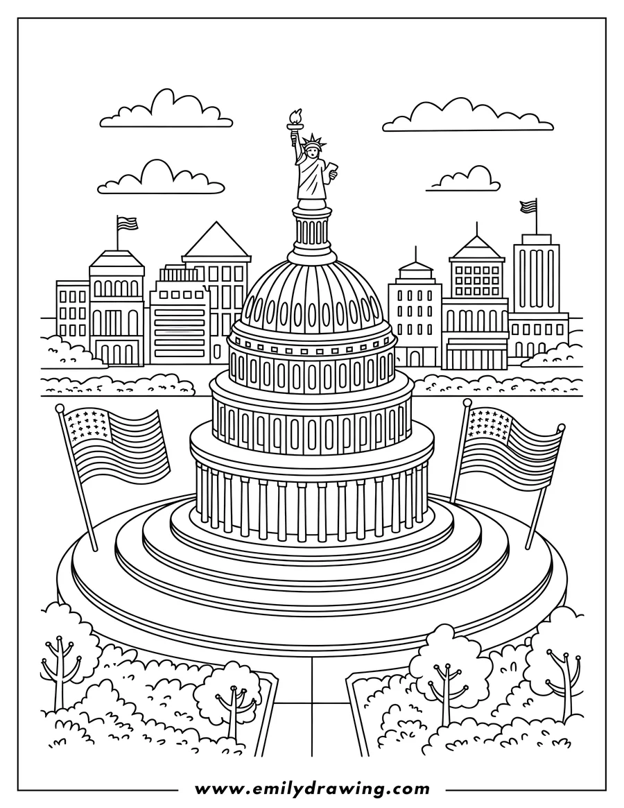 Outline of the US Capitol Building with the Statue of Liberty on top, American flags, and surrounding city buildings.
