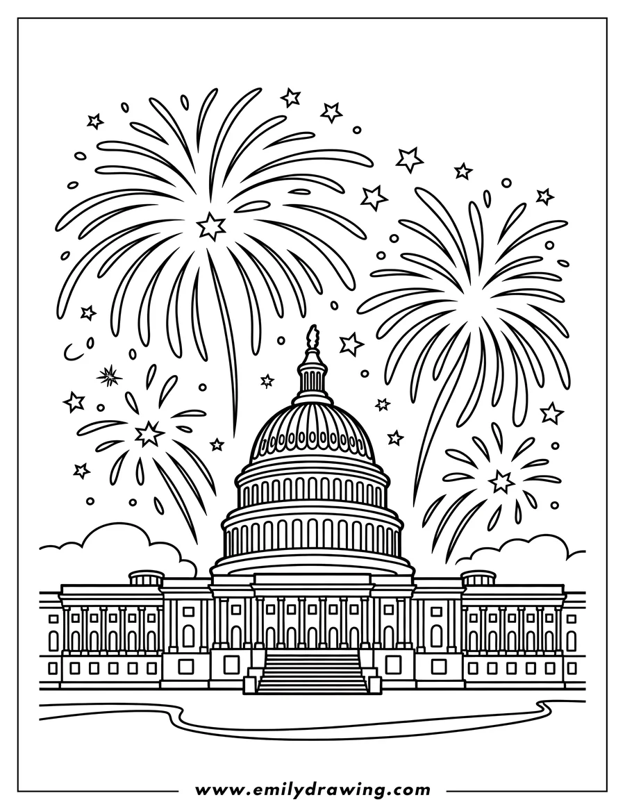 Outline of the US Capitol Building with fireworks exploding and stars in the background. A banner at the bottom says 