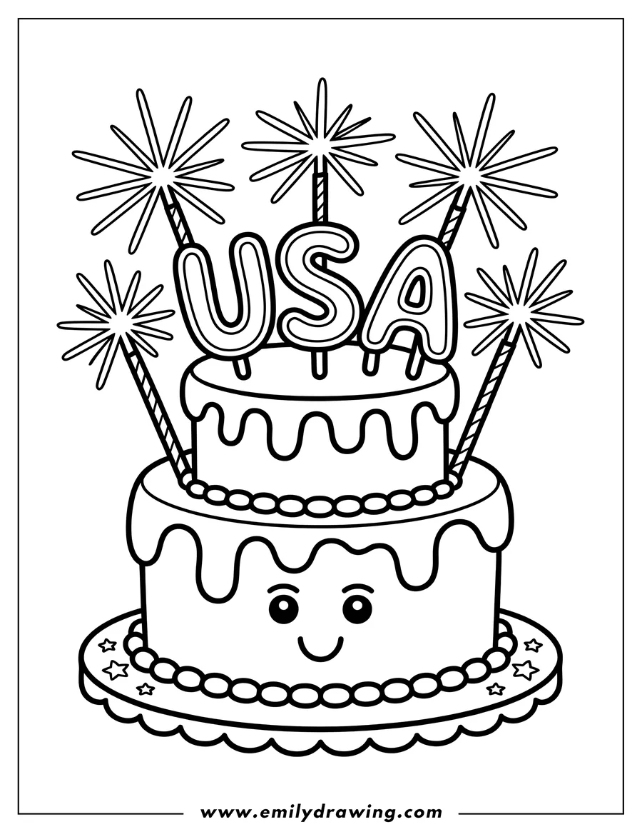 Outline drawing of a two-tiered cake with sparklers and 