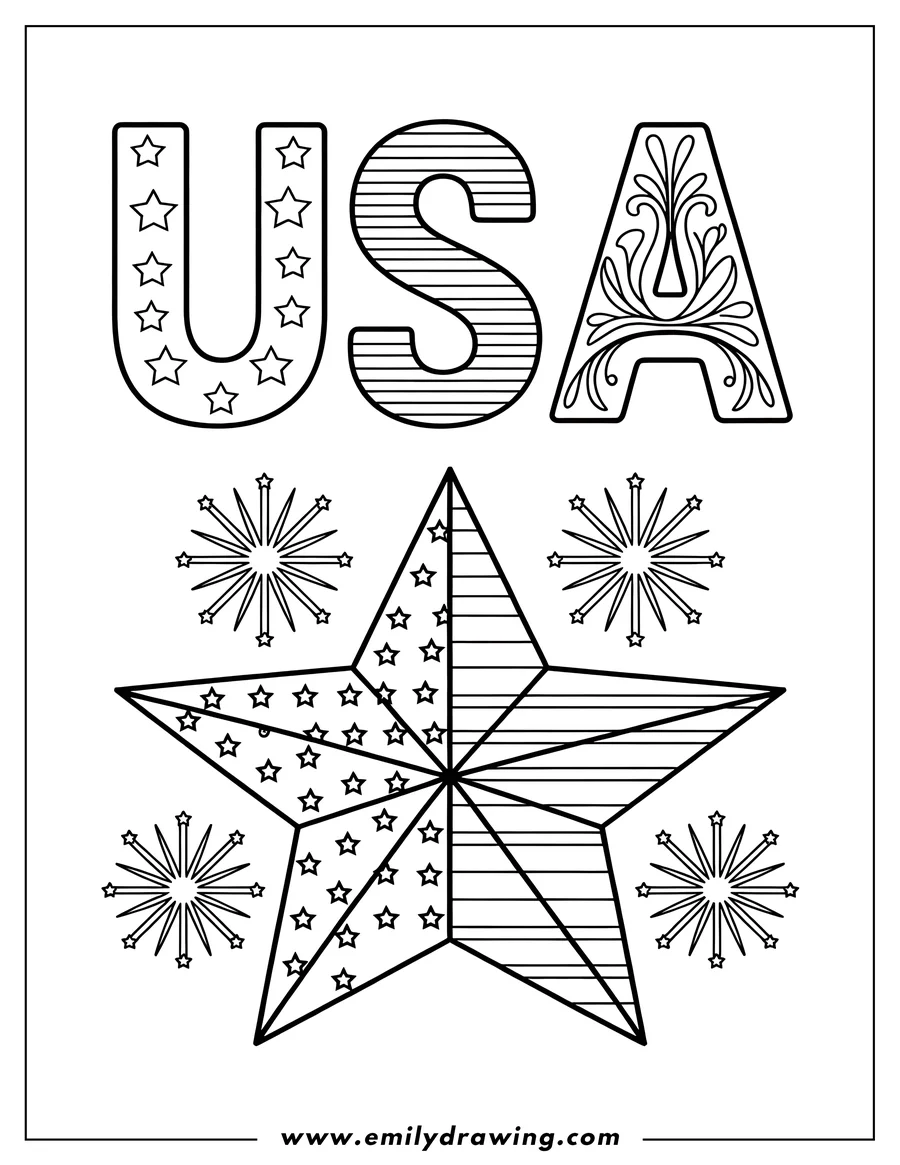 Outline of a USA lettering design with stars, stripes, and fireworks for Independence Day.