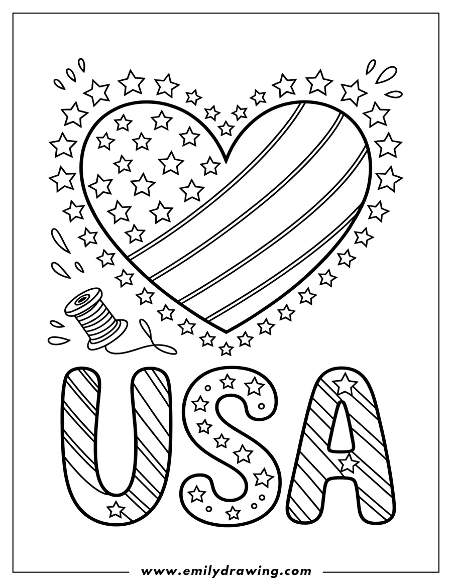 Outline of a heart shaped like the USA flag, decorated with stars and accompanied by the letters USA