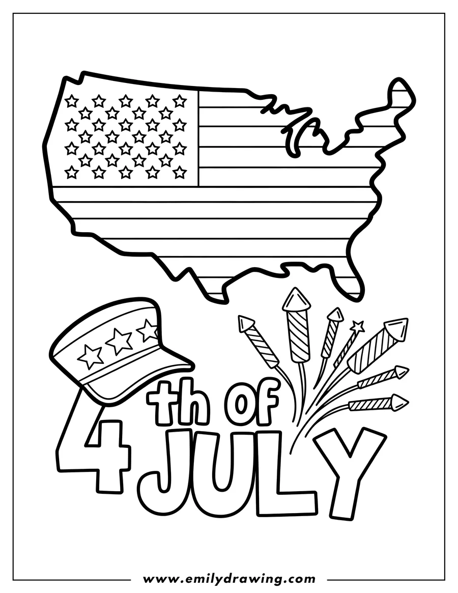 Outline of a Fourth of July celebration with fireworks, a map of the USA, and a patriotic hat.