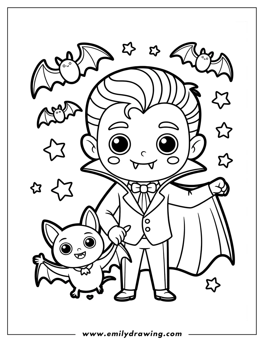 Line art of a young vampire with a friendly bat, surrounded by stars. The vampire wears a cape and a bow tie.