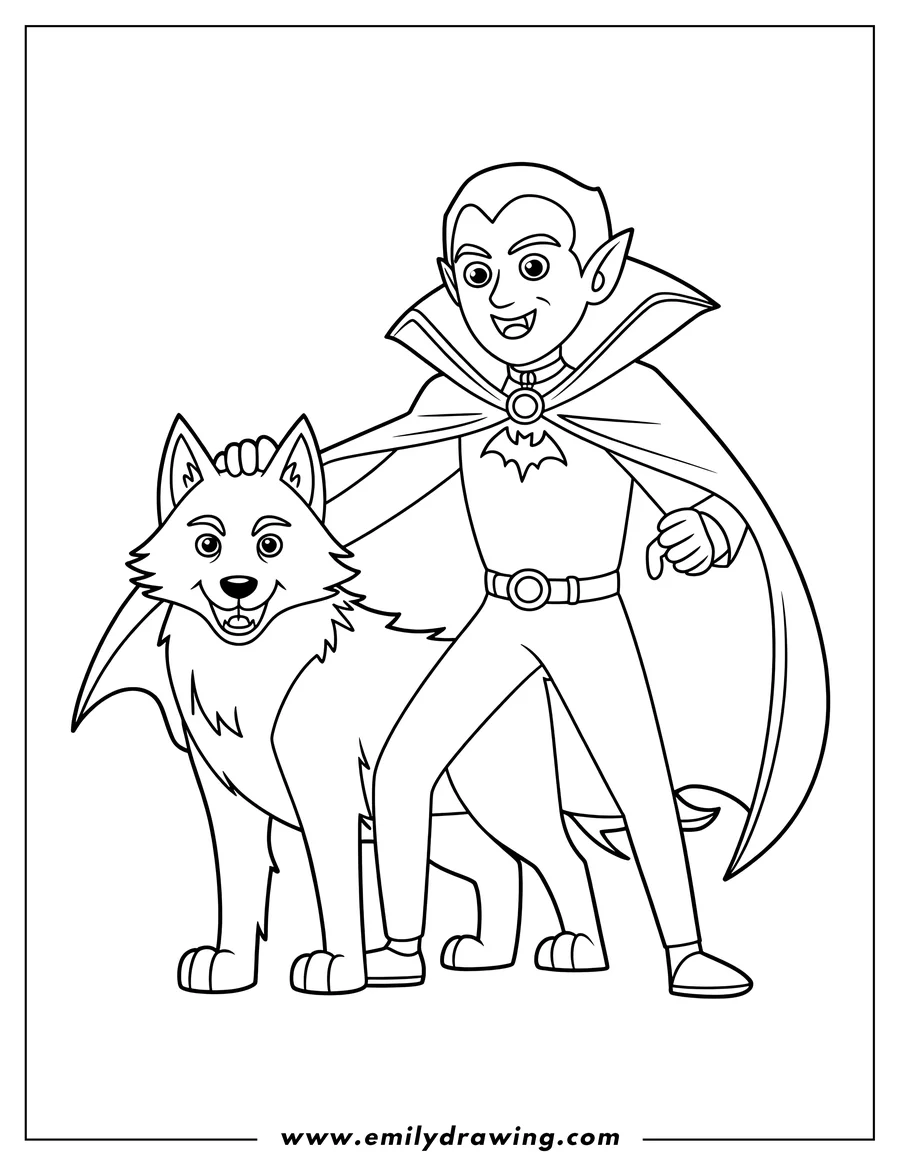 Line art of a vampire petting a bat wolf. The vampire is wearing a cape and the wolf has small bat wings.