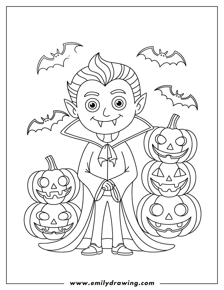 Line art of a friendly vampire with bats flying around him. He stands near stacks of grinning jack-o'-lanterns.