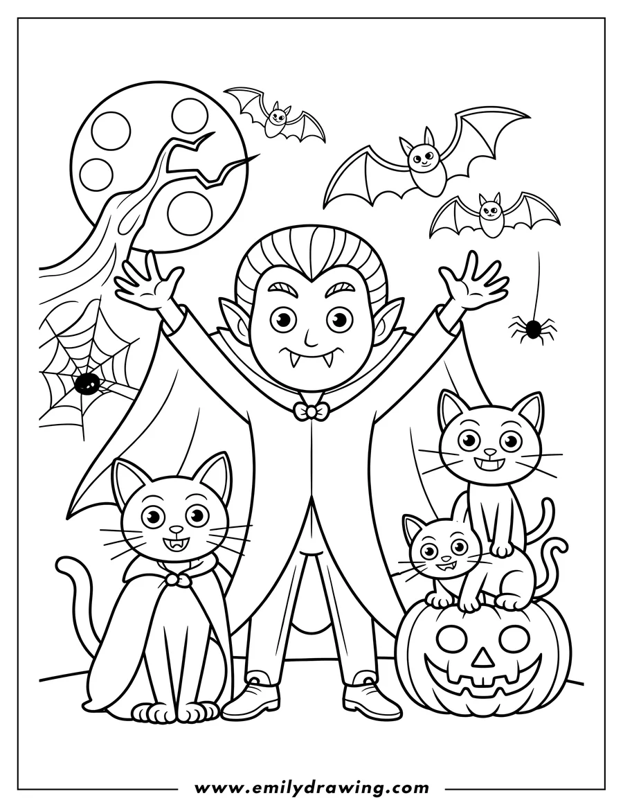 Line art of a vampire with two cats on a pumpkin, with bats, a spider web, and a full moon in the background.