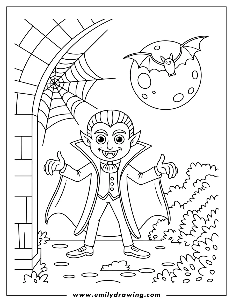 Line art of a vampire standing near a building with a spiderweb. A bat flies in front of the moon.