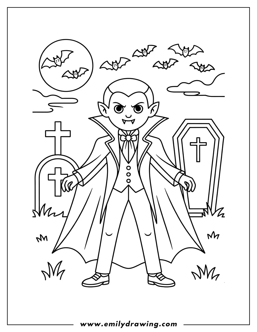 Line art of a vampire standing between gravestones with bats flying overhead.