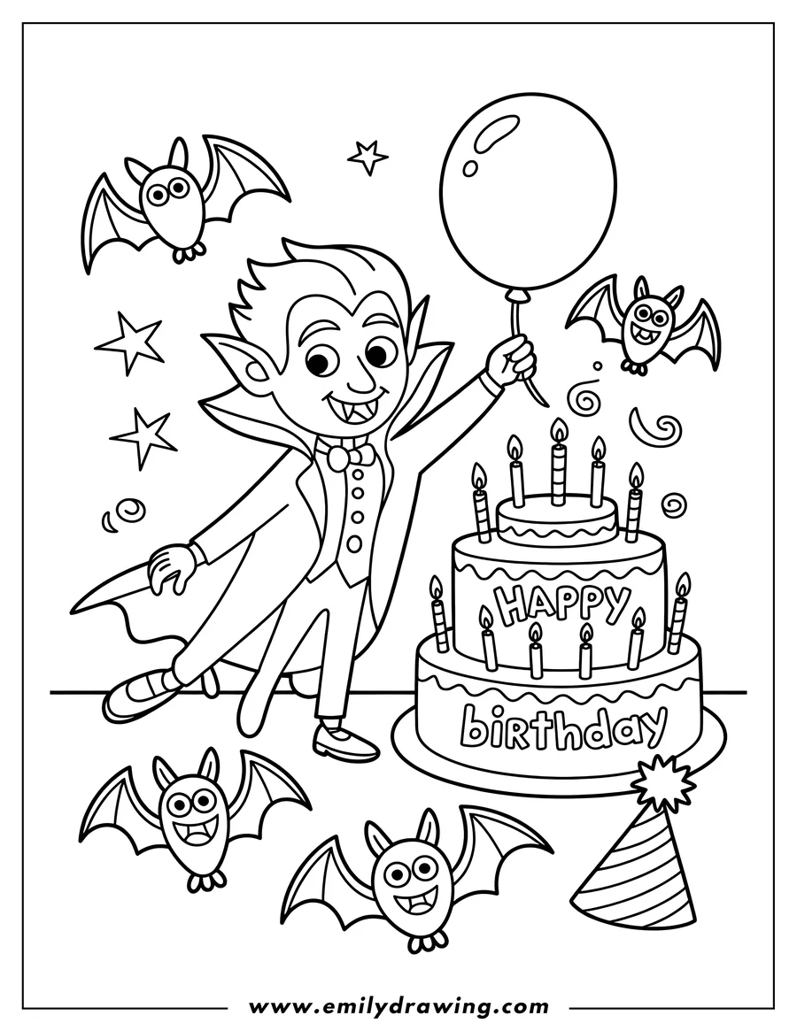 Line art of a vampire holding a balloon and standing next to a two-tiered birthday cake with lit candles, accompanied by three small bats and a party hat.