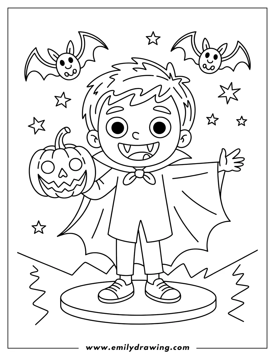 Line art of a young boy dressed as a vampire holding a carved pumpkin. He wears a cape and has small fangs. Two bats and stars decorate the background.