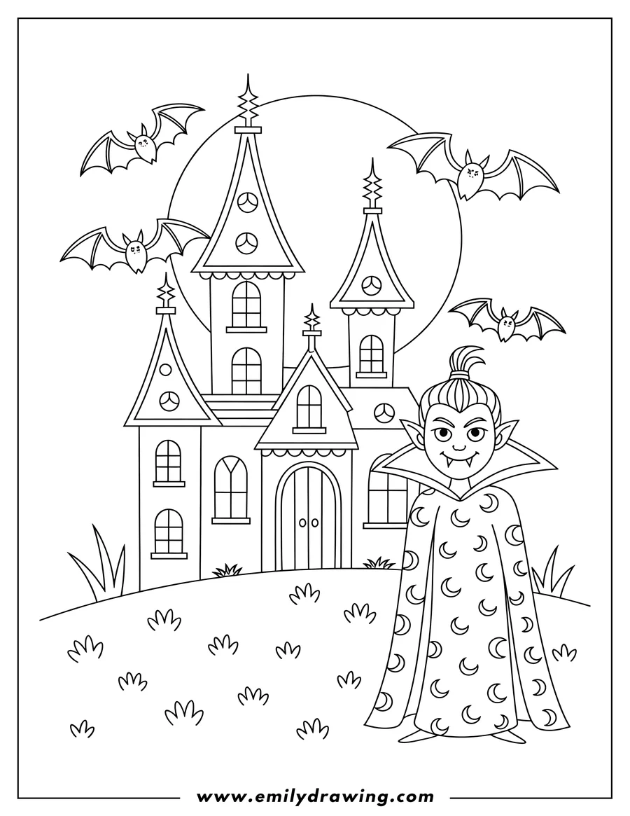 Line art of a vampire standing near a haunted house with bats flying around a full moon.