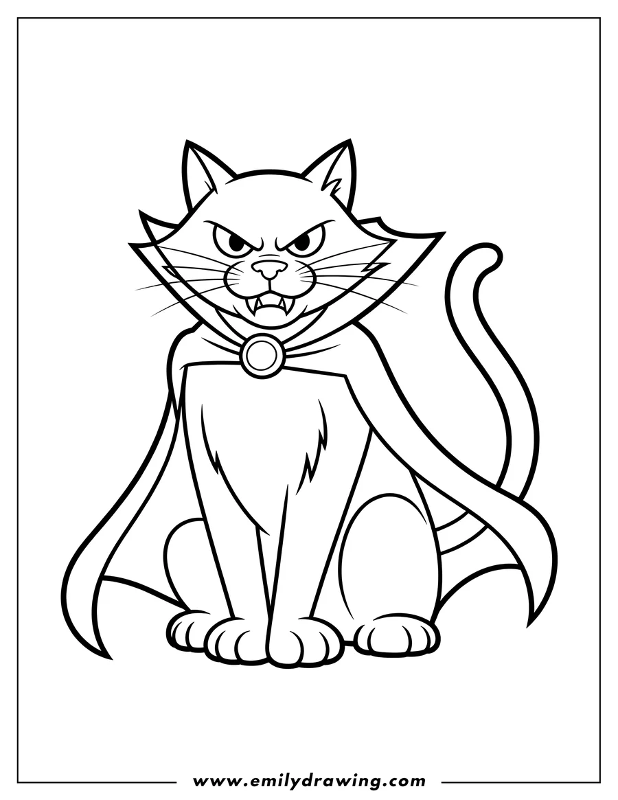 Line art of a cat dressed as a vampire, complete with a cape and fangs.