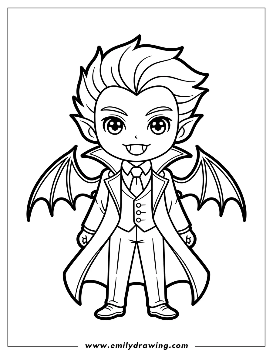 Line art of a young vampire wearing a suit and tie with large bat wings.