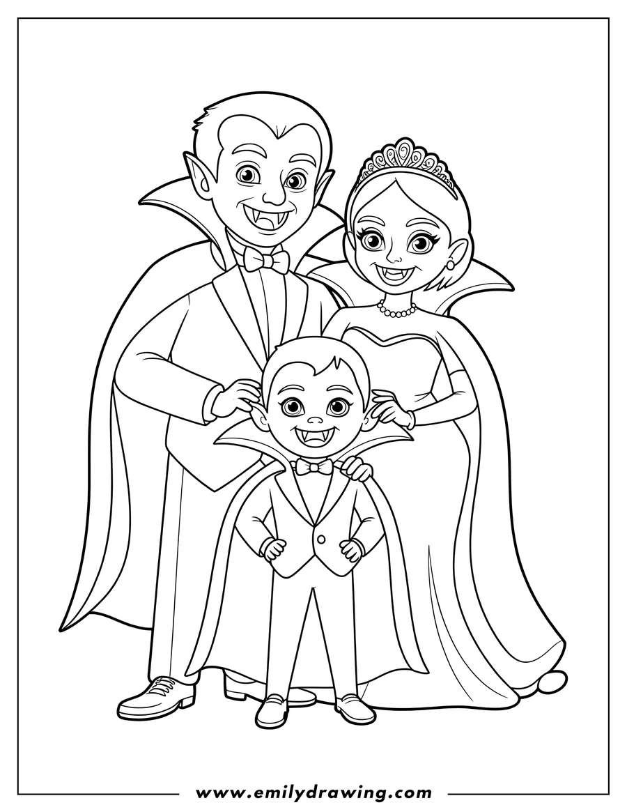 Line art of a vampire family. The parents are dressed in formal attire with capes, and the child is wearing a suit with a cape. The mother is wearing a tiara.
