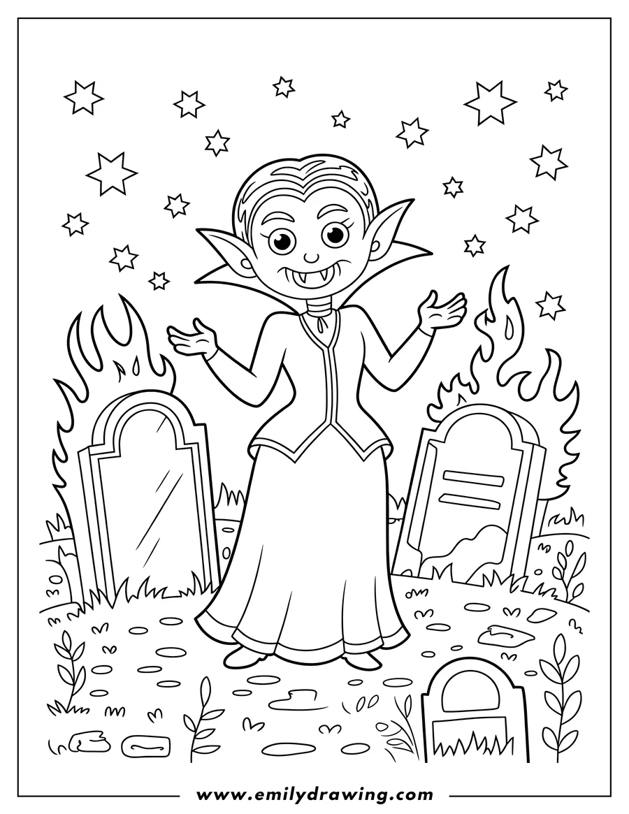 Line art of a vampire standing between two flaming gravestones in a graveyard at night. The vampire wears a long dress and has fangs. Several stars are visible in the night sky.