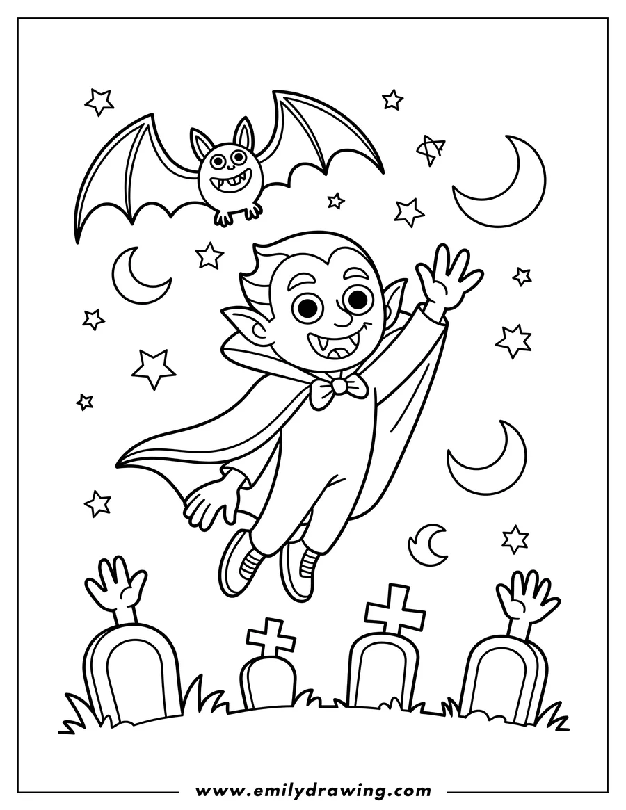 Outline of a young vampire flying above tombstones with a friendly bat, stars, and crescent moons in a night sky.