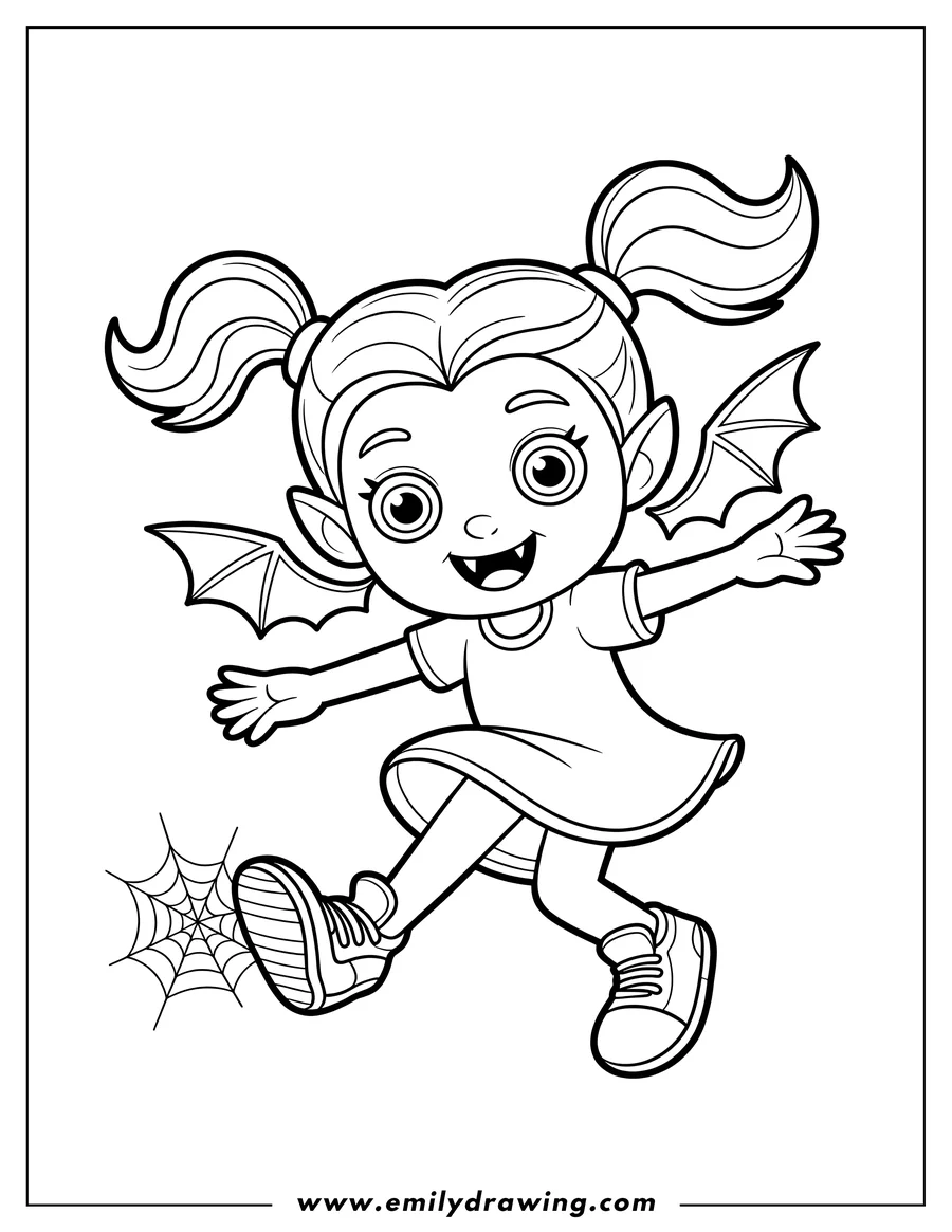 Line art of a young vampire girl with pigtails, bat wings, and sneakers walking near a spiderweb.