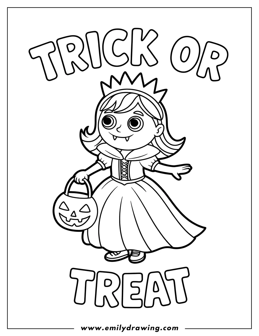Line art of a young vampire girl in a princess costume holding a pumpkin trick-or-treat basket. The words 'Trick or Treat' appear above and below her.