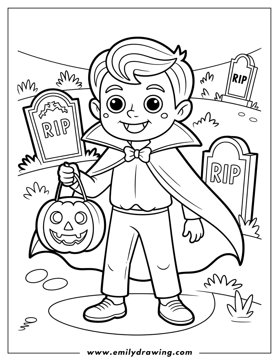 Line art of a young vampire holding a pumpkin basket, standing in a graveyard with tombstones.