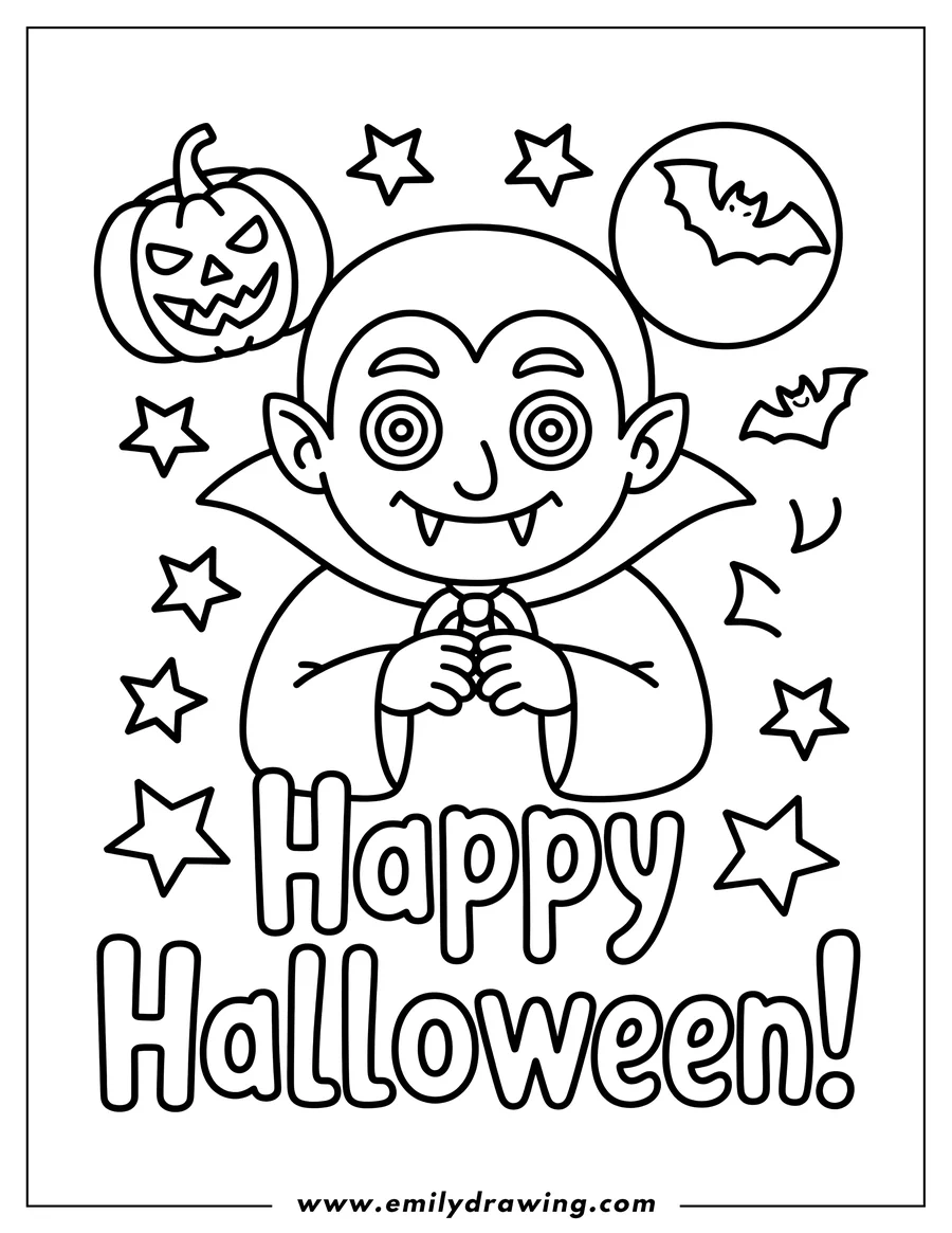 Line art of a vampire with large eyes and fangs, holding his hands together, with 'Happy Halloween' text, stars, bats, a full moon, and a jack-o'-lantern.