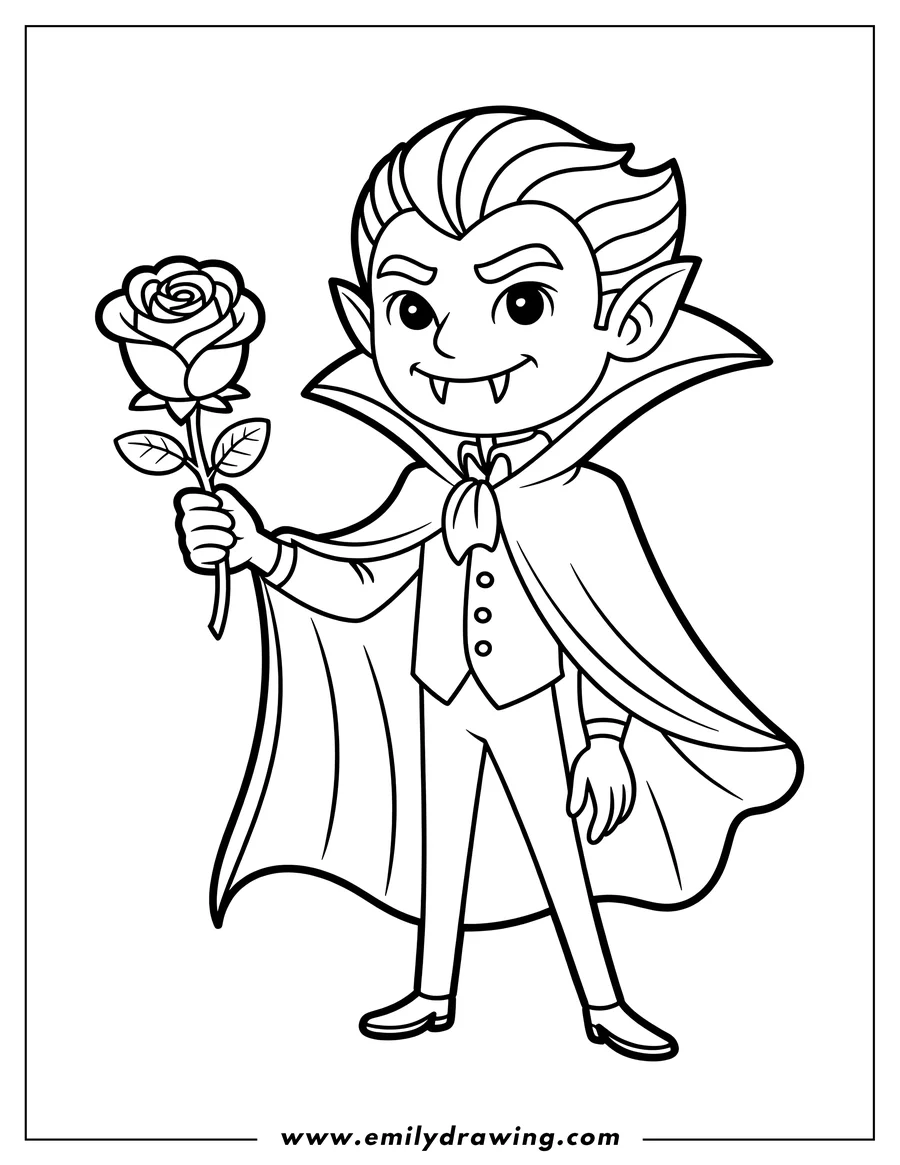 Line art of a friendly vampire holding a rose. He's wearing a cape and a vest with buttons.