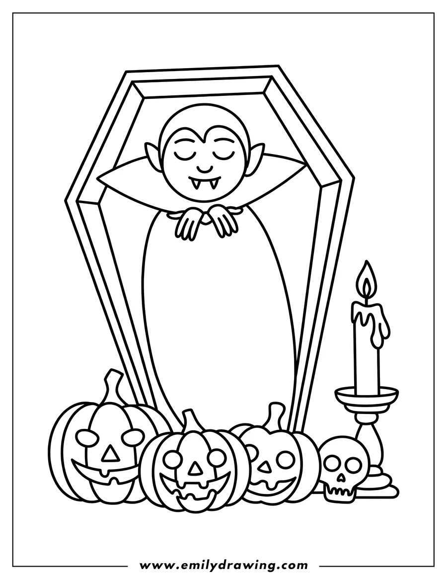 Line art of a vampire resting in a coffin, surrounded by three carved pumpkins, a skull, and a lit candle.