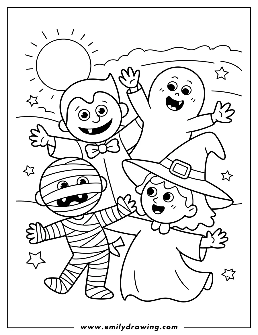 Line art of a vampire, mummy, ghost, and a witch waving happily against a night sky background with stars.
