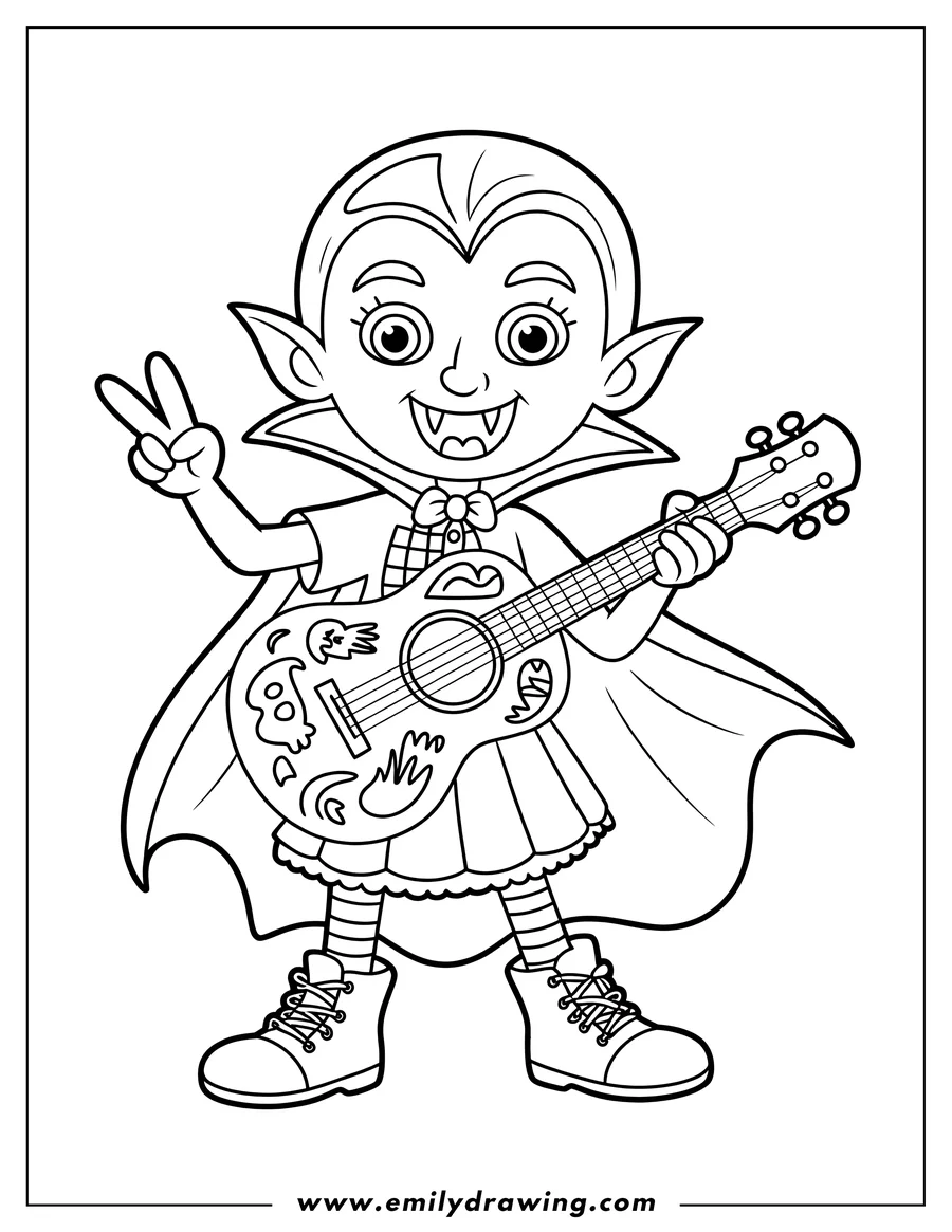 Line art of a friendly vampire playing a guitar decorated with spooky designs. They are giving a peace sign.