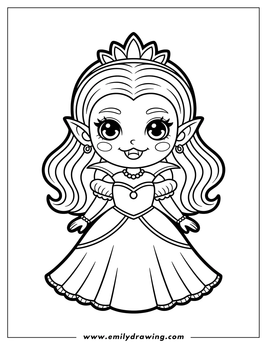 Outline of a vampire princess wearing a gown, crown, and earrings.