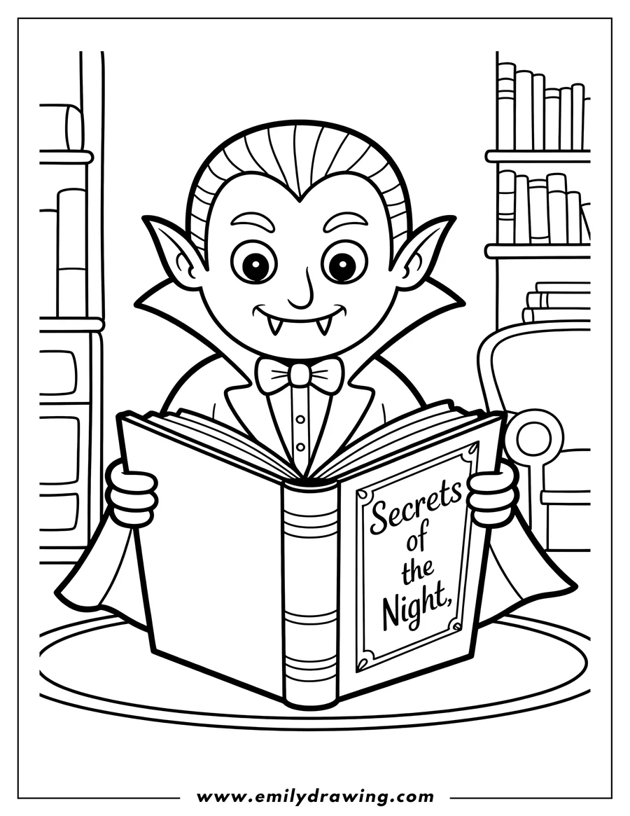 Line art of a young vampire reading a book titled 'Secrets of the Night'. He's wearing a cape and a bow tie.