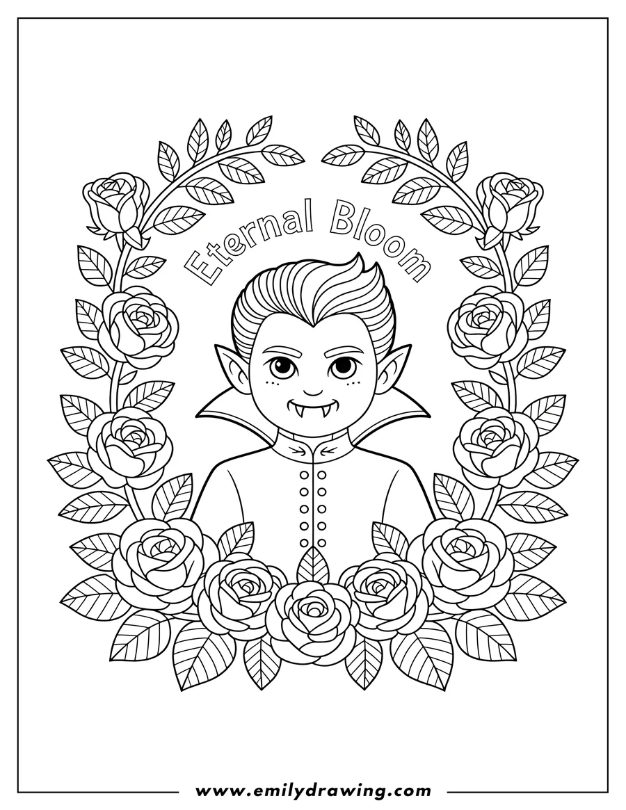 Line art of a young vampire with fangs, wearing a cape with buttons, centered within a decorative wreath of roses and leaves.