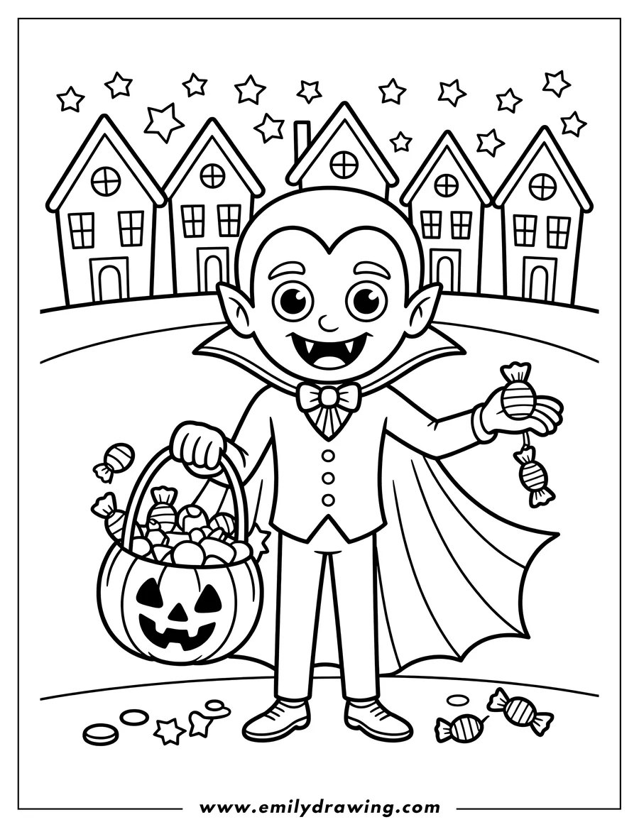 Line art of a young vampire trick-or-treating with a pumpkin basket full of candy. He wears a cape and holds a candy in one hand. Houses and stars decorate the background, suggesting a nighttime setting.