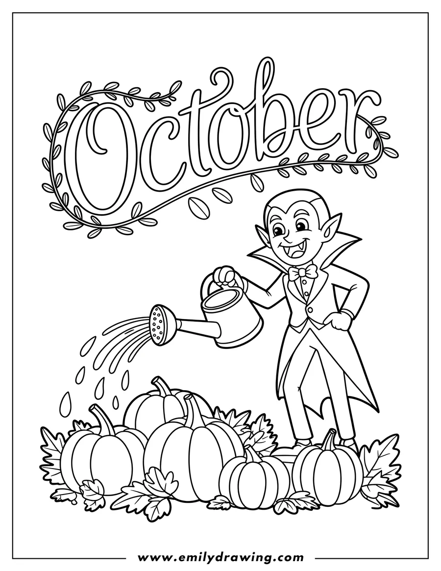 Line art of a friendly vampire watering a patch of pumpkins with a watering can. The word