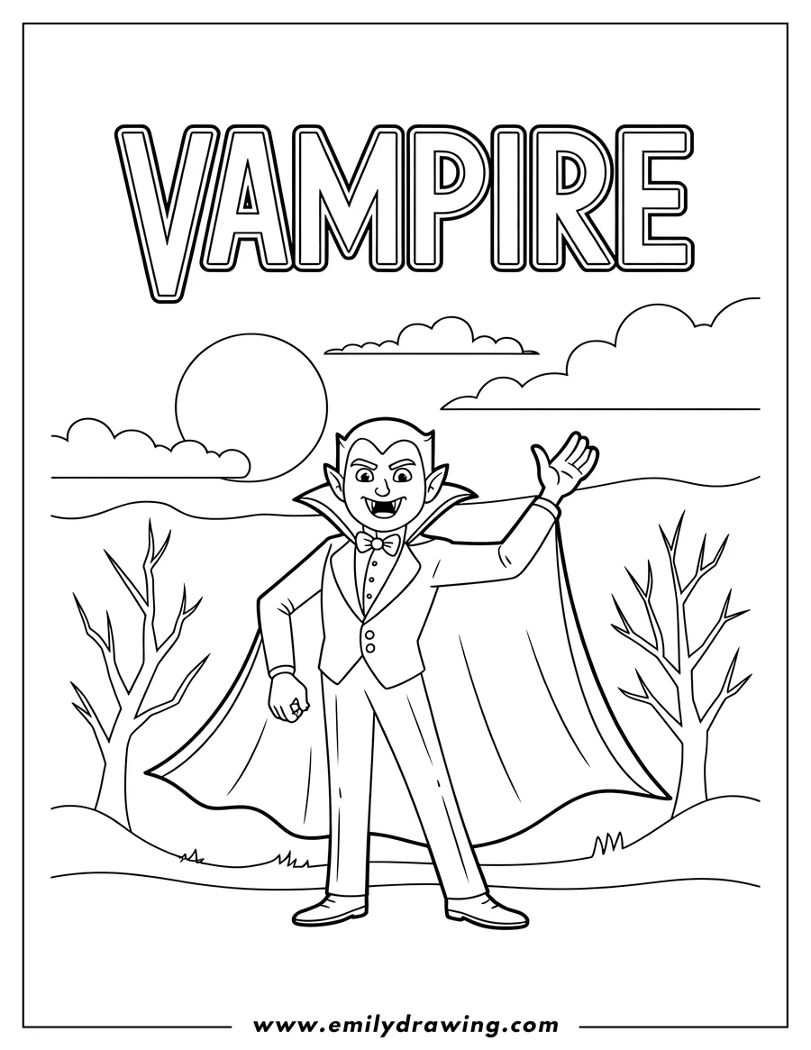 Line art of a friendly vampire waving, dressed in a suit and cape. The background features a large moon and spooky trees.