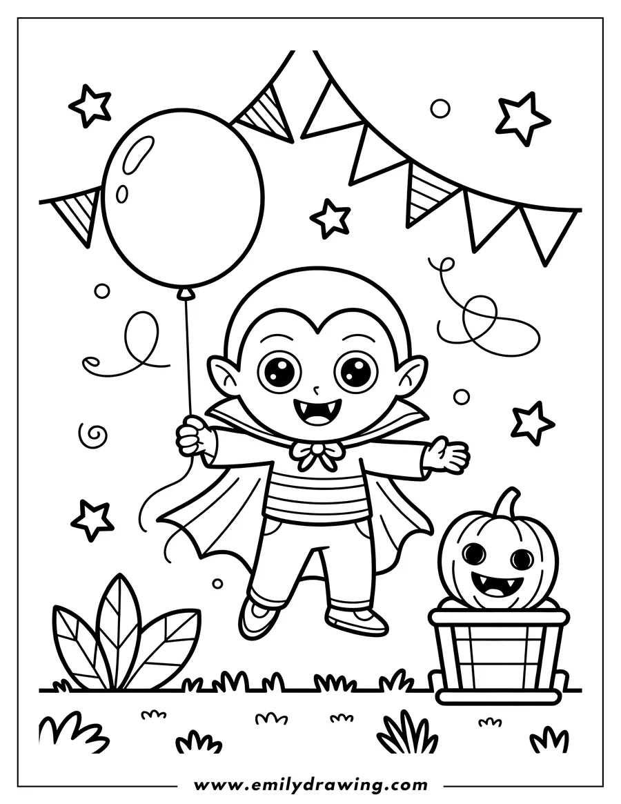 Line art of a young vampire holding a balloon, with a jack-o'-lantern in a basket nearby. Bunting and stars decorate the scene.