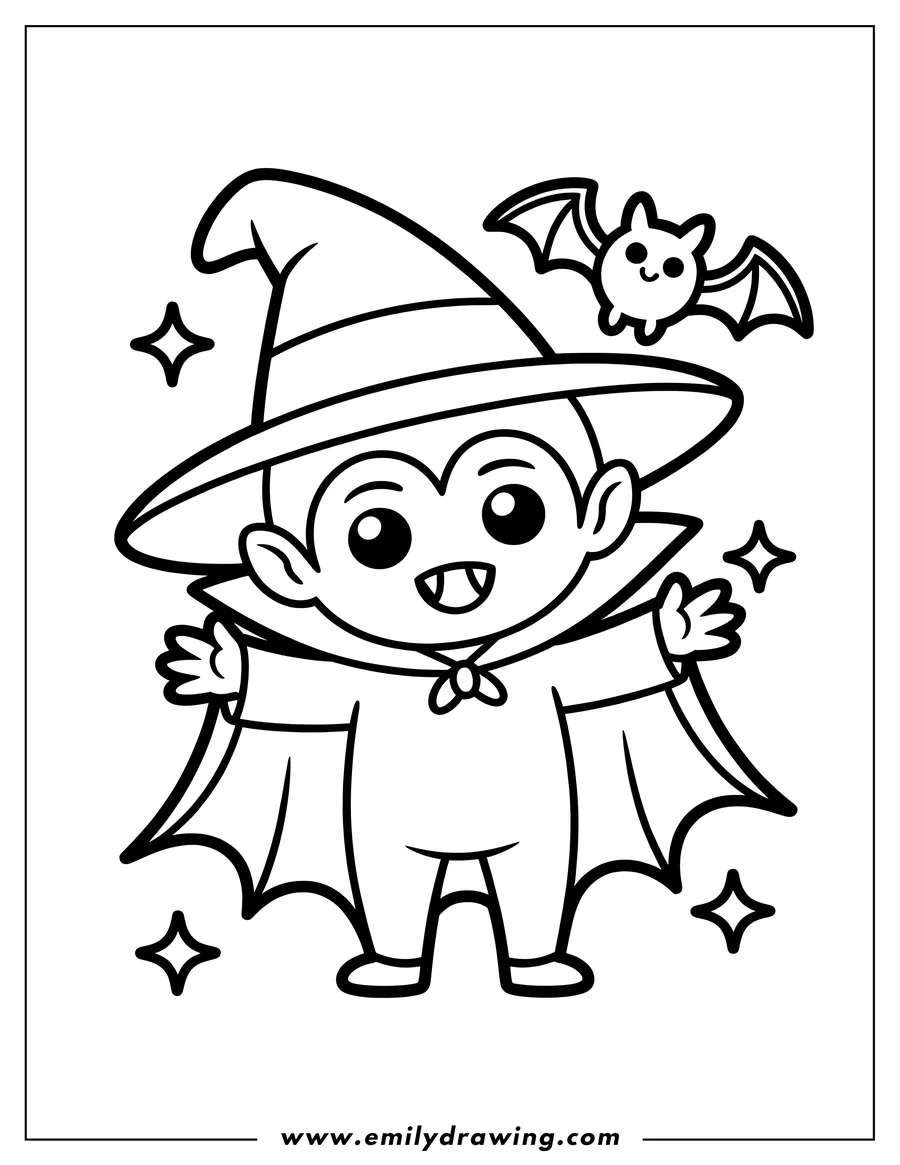 Line art of a young vampire wearing a witch hat and accompanied by a small bat, ready for coloring.