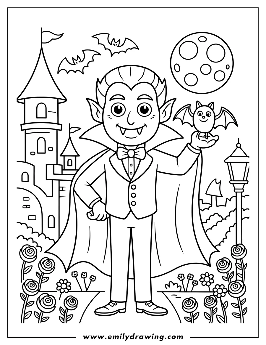 Line art of a friendly vampire holding a small bat, with a castle and full moon in the background.