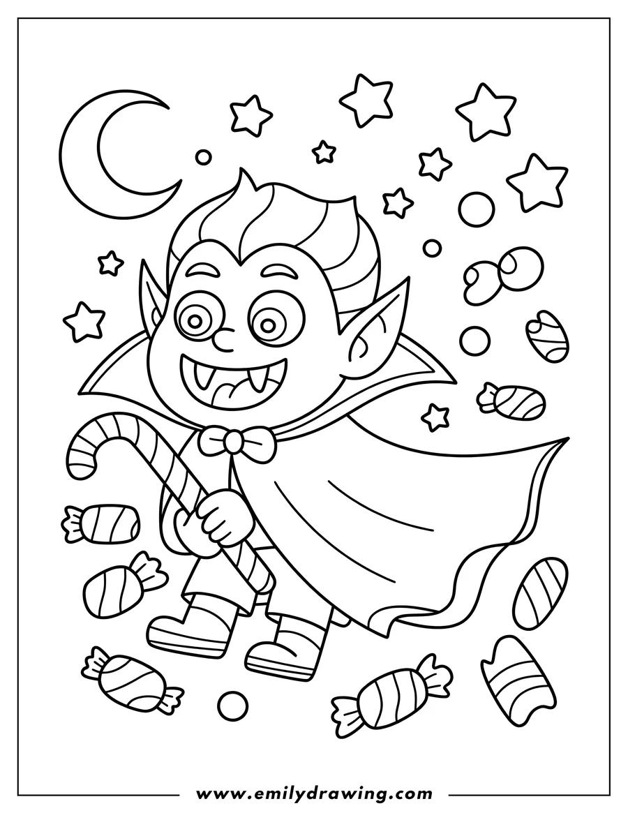 Line art of a vampire holding a candy cane, surrounded by candies, stars, and a crescent moon.