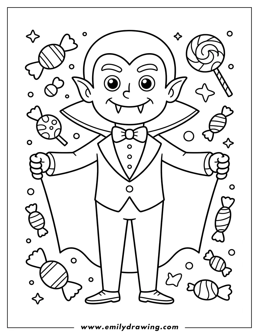 Line art of a vampire wearing a cape and bow tie, surrounded by various candies and lollipops.