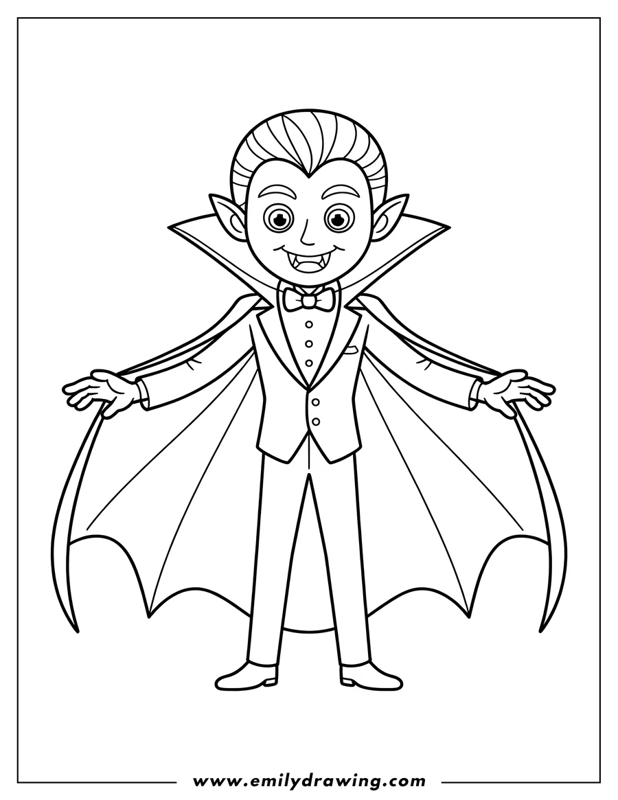 Line art of a vampire wearing a cape and a tuxedo.