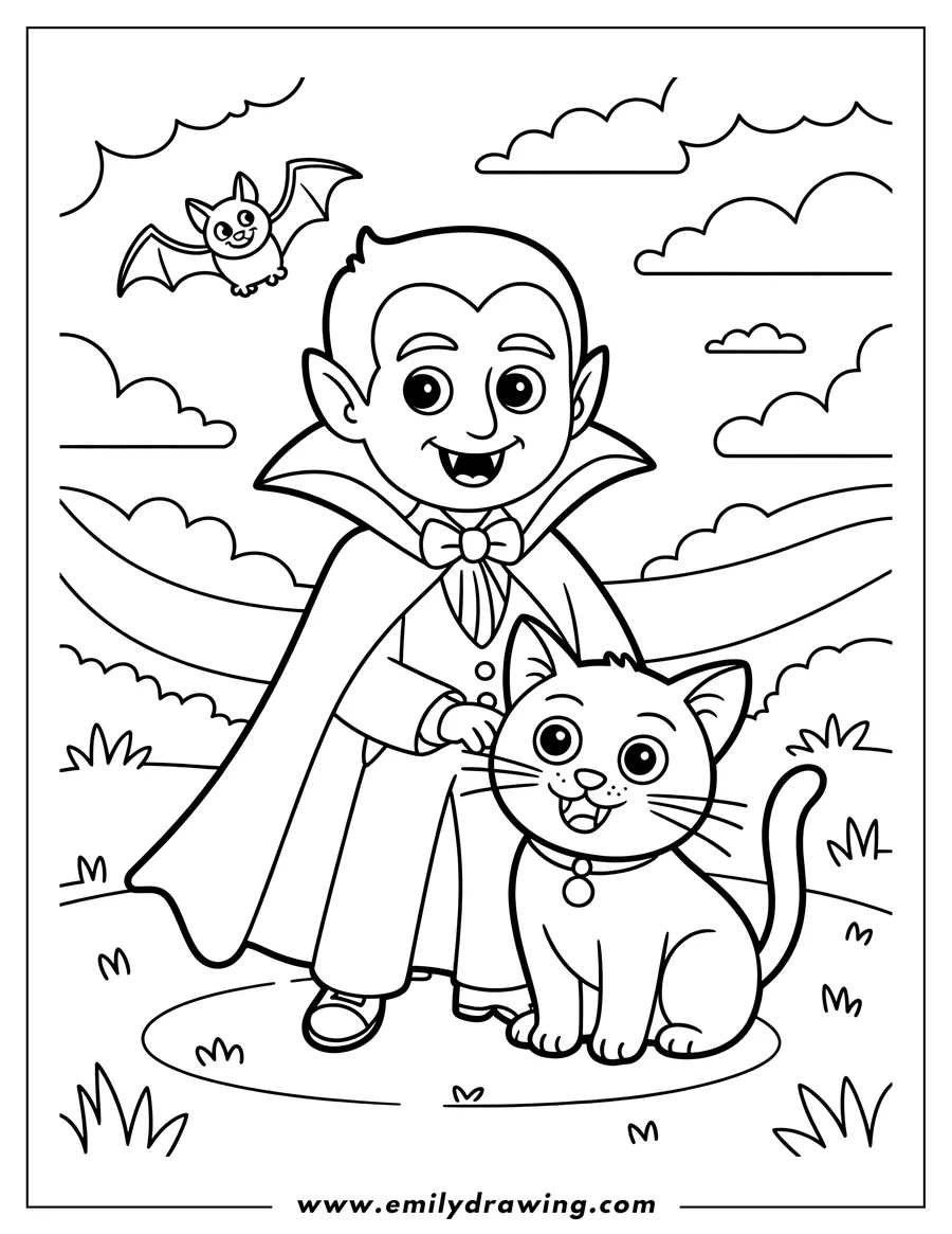Line art of a friendly vampire with a cat, a bat flies overhead.