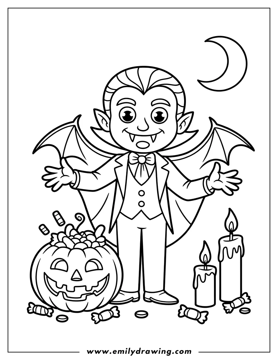 Line art of a friendly vampire with a pumpkin basket of candy and two lit candles. The crescent moon is visible in the background.