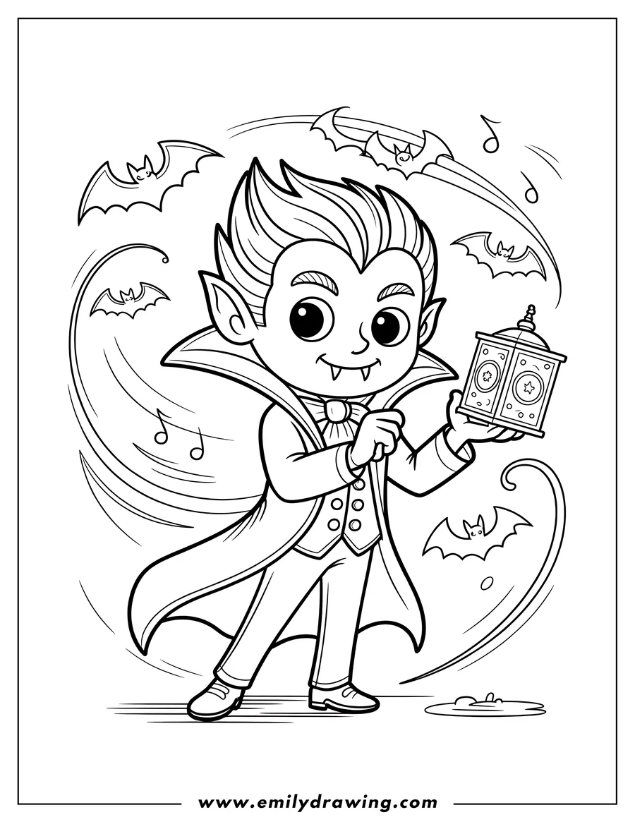 Line art of a friendly vampire holding a lantern, with bats swirling around him. He has a cape and sharp little fangs.