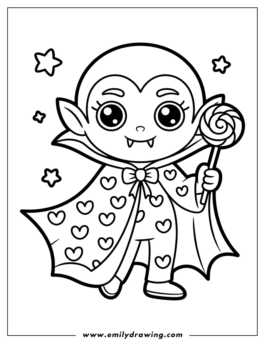 Outline of a cute, young vampire holding a lollipop. The vampire wears a cape decorated with small hearts and has large boots. Stars decorate the background.