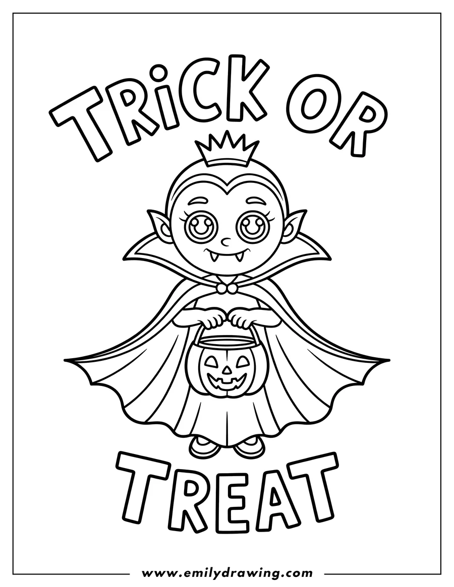 Line art of a young vampire holding a pumpkin basket, ready for trick-or-treating.