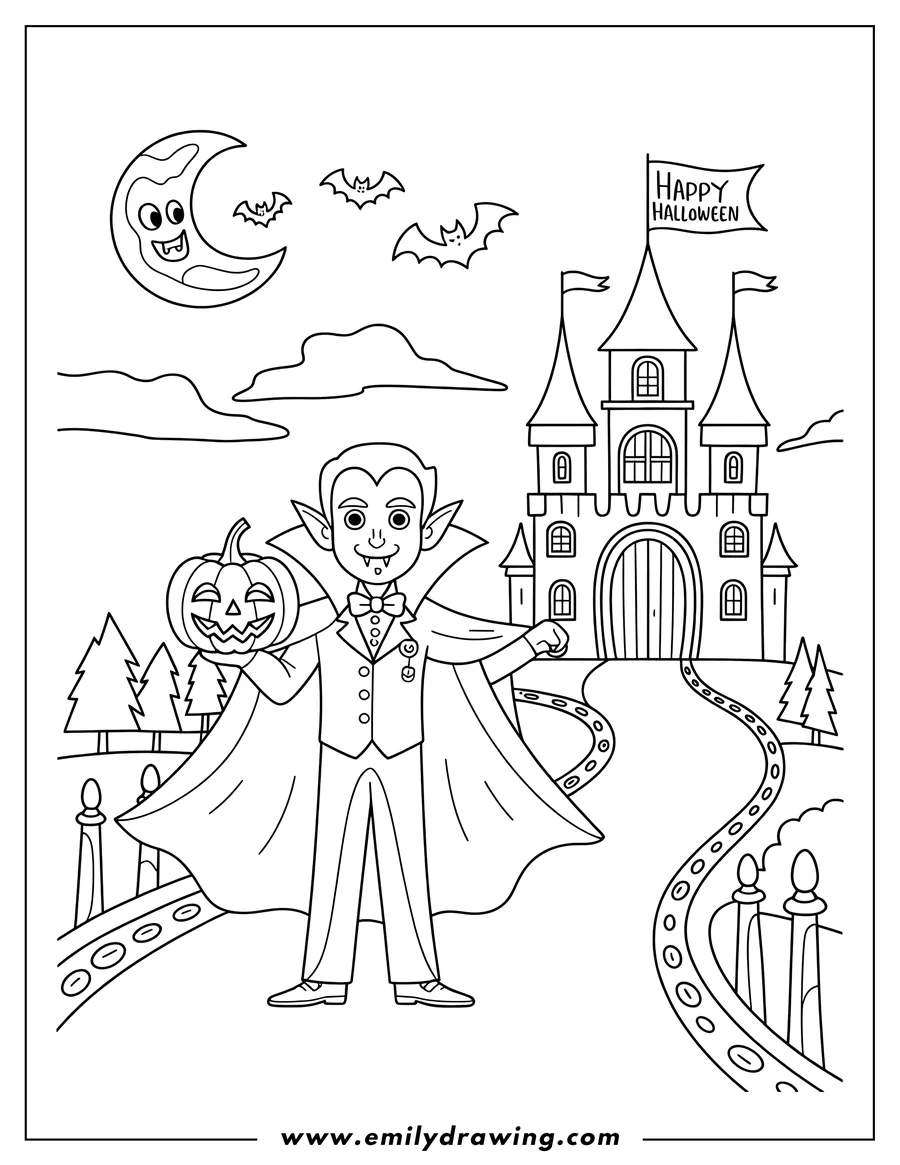 Line art of a vampire holding a pumpkin near a castle under a smiling crescent moon with bats flying. A 'Happy Halloween' flag flies from the castle's rooftop.