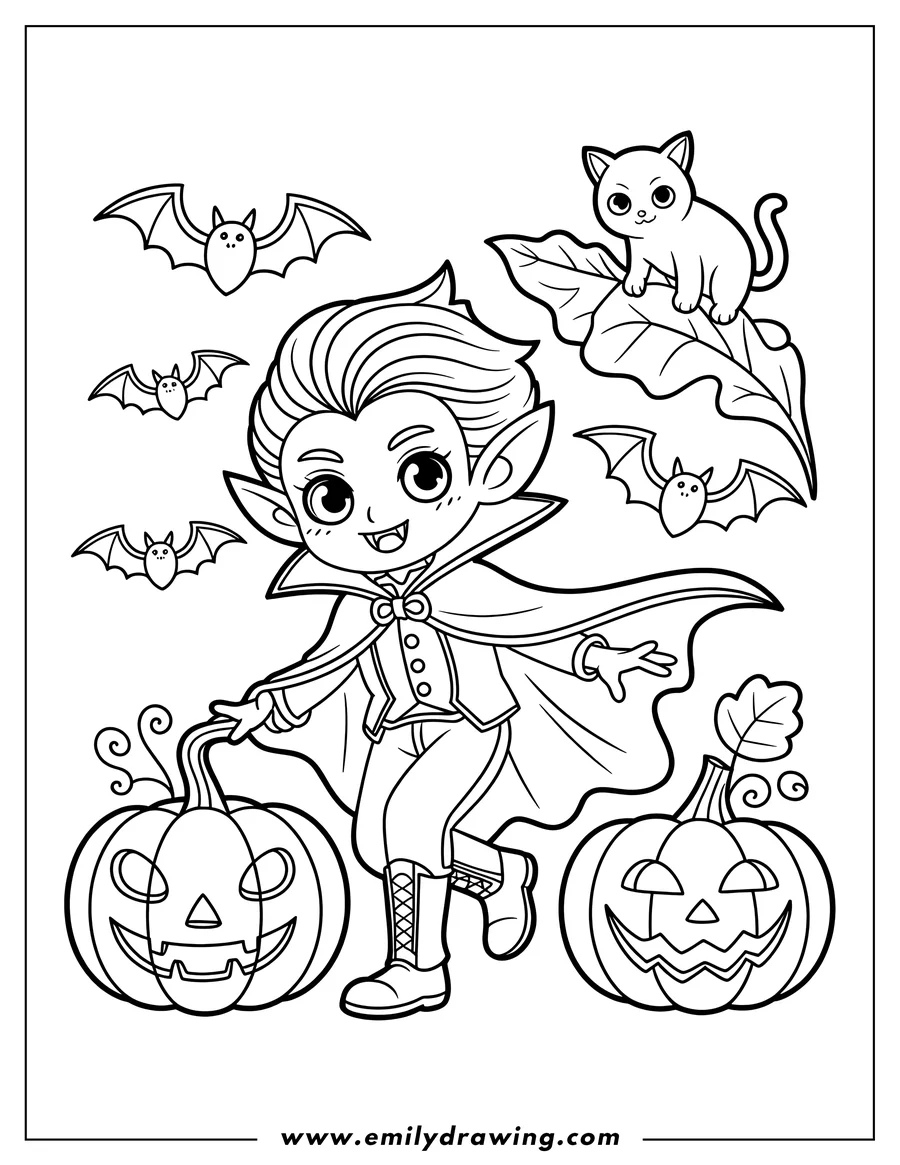 Line art of a young vampire with pumpkins, bats, and a cat, ready for Halloween coloring.