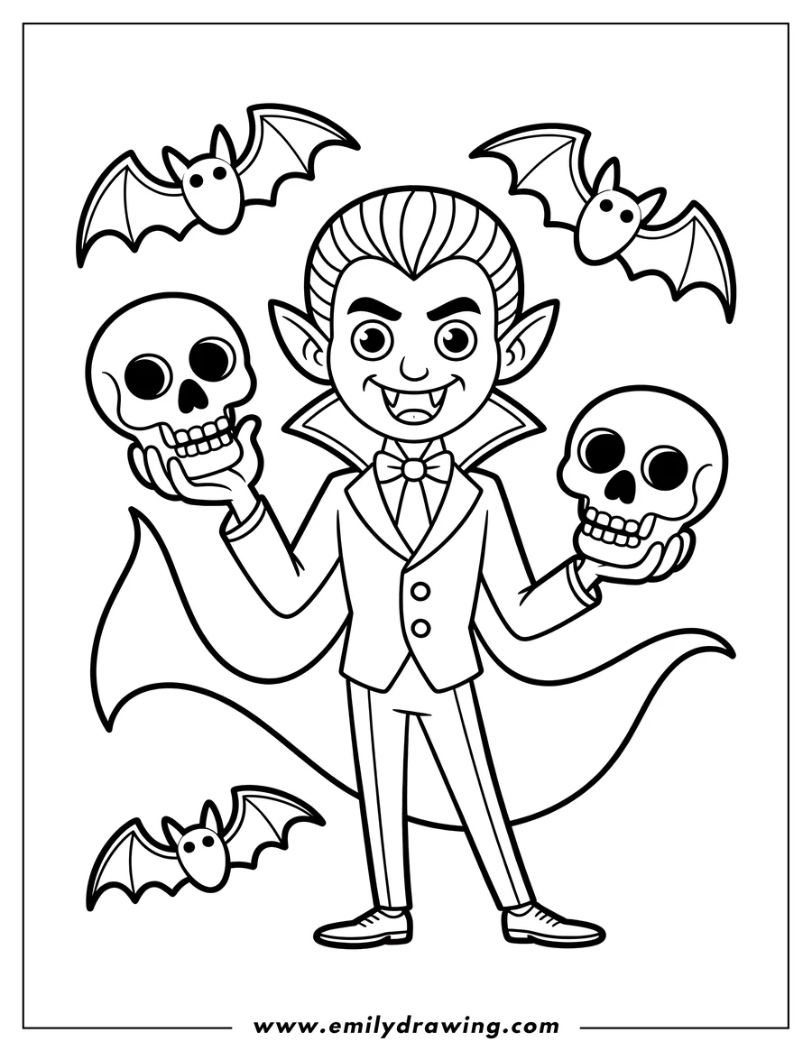 Line art of a vampire holding two skulls, with bats flying around him.